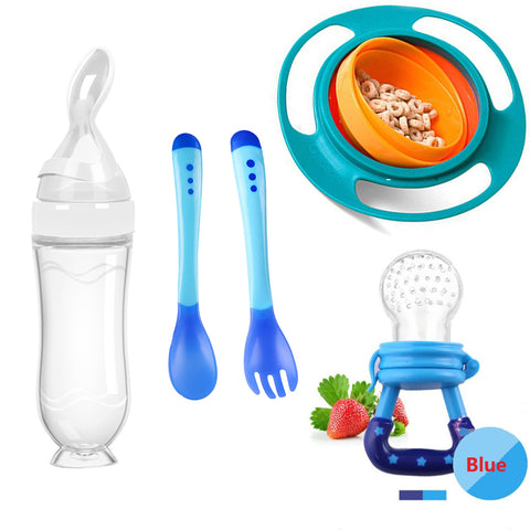 Set hrănire bebeluși 4 în 1 - castron 360°, suzetă fructe, biberon piure și tacâmuri, albastru