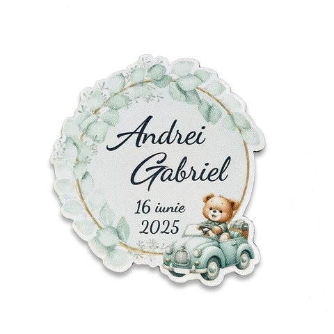 Marturie pentru botez, magnet cu ursulet, verde, 7*7,5 cm