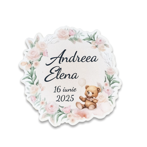 Marturie pentru botez, magnet cu ursulet, roz, 8*7,8 cm