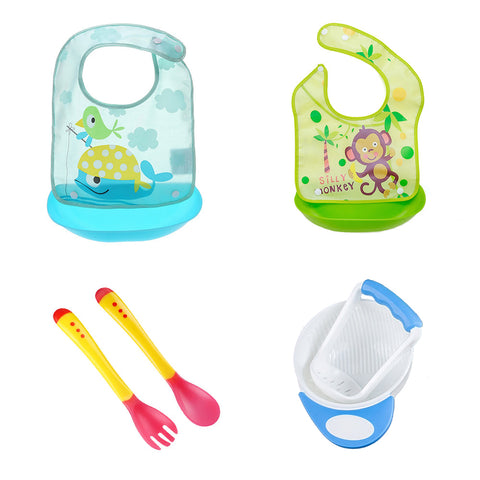 Set pentru bebeluși, 2 bavețele, tacâmuri și bol