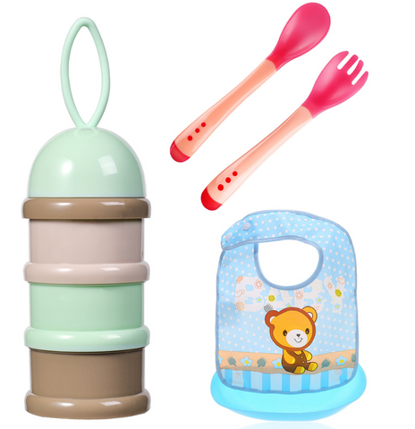 Set hrănire bebeluși 3 în 1 - tacâmuri, recipient lapte și bavețică albastră