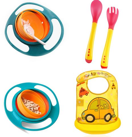 Set hranire bebeluși 3 in 1 - bavețică, tacâmuri si castron  360°