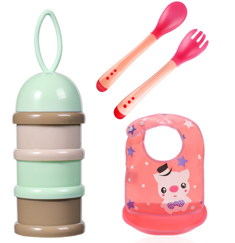 Set hrănire bebeluși 3 în 1 - tacâmuri, recipient lapte și bavețică roșie